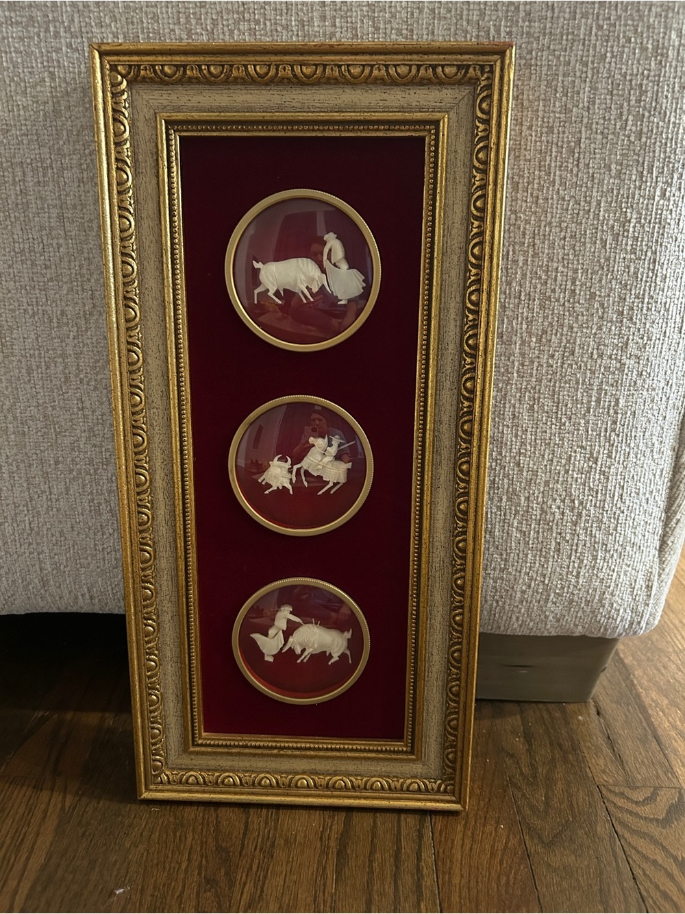Vintage Framed Red Velvet 3 dimensional Ivory Matador Wall Art
